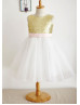 Gold Sequin Ivory Tulle Pink Bow Knee Length Flower Girl Dress 